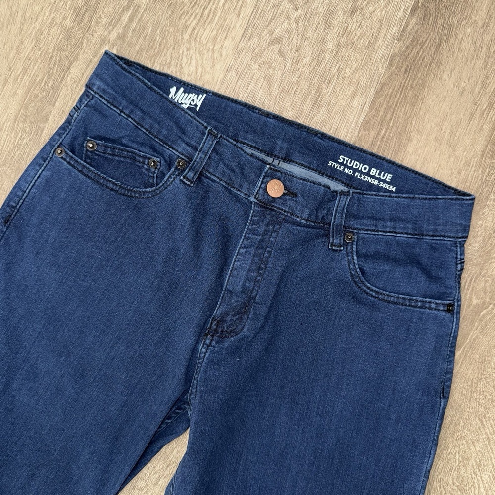 Mugsy Studio Blues Dark Blue Jeans Men's 34x34 Stretch Slim Straight Comfort - Picture 3 of 5